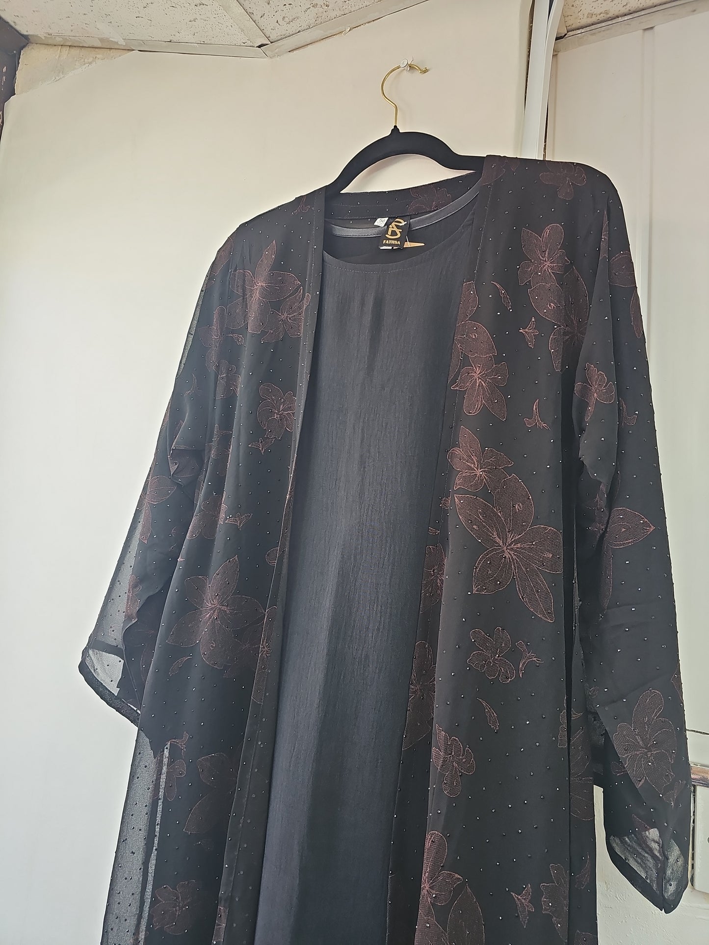 Fatisa Chiffon Gems Abaya with Black Scarf and Inner Slip Dress