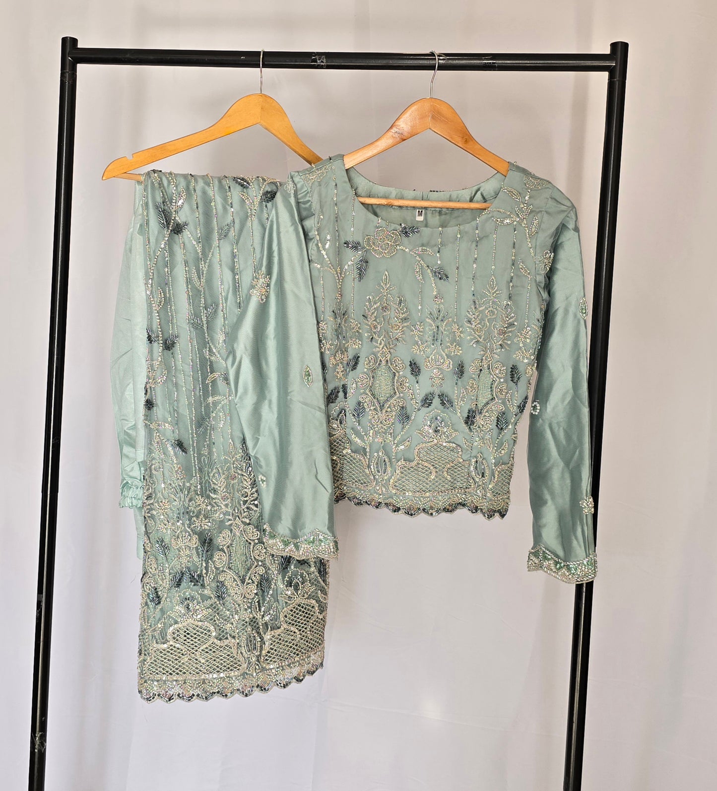 Elegant Seafoam Embellished Saree with Intricate Silver Detailing Ready-Made Saree