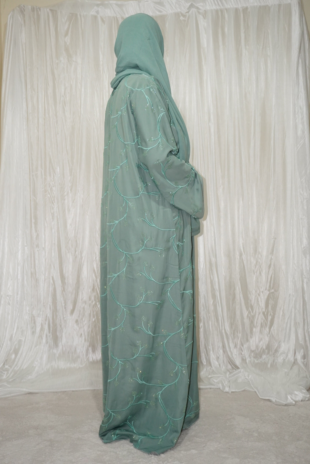 Fatiisa Abaya with buttons, full front and back embroidery, beaded work, and a scarf.