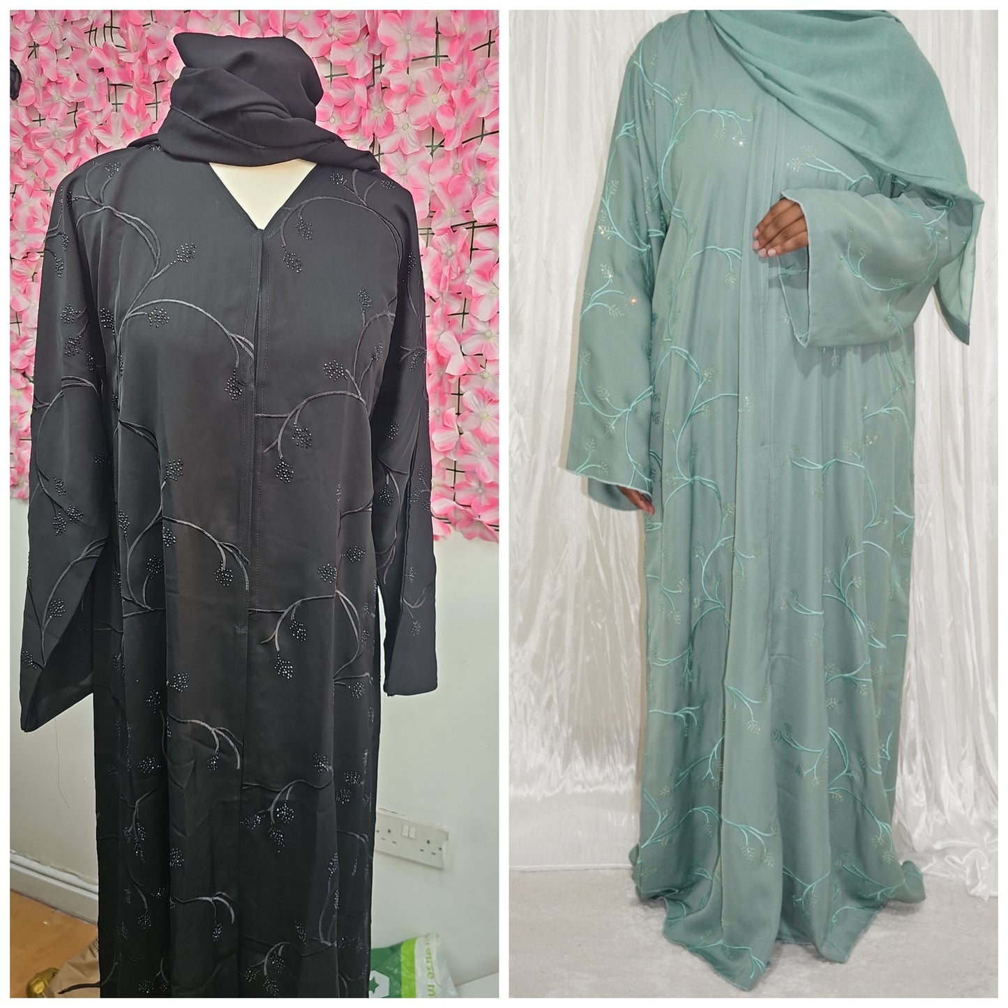 Fatiisa Abaya with buttons, full front and back embroidery, beaded work, and a scarf.
