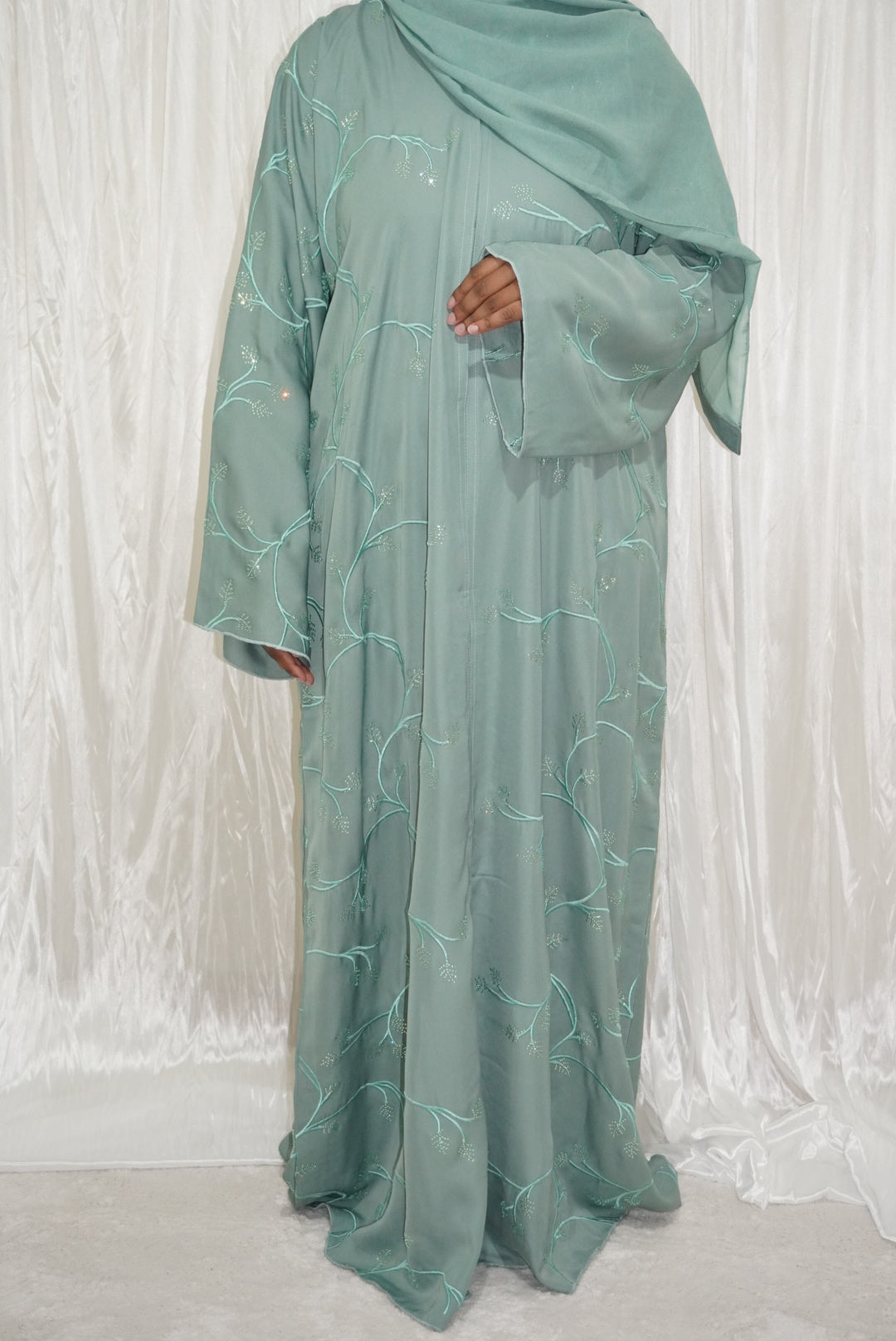 Fatiisa Abaya with buttons, full front and back embroidery, beaded work, and a scarf.