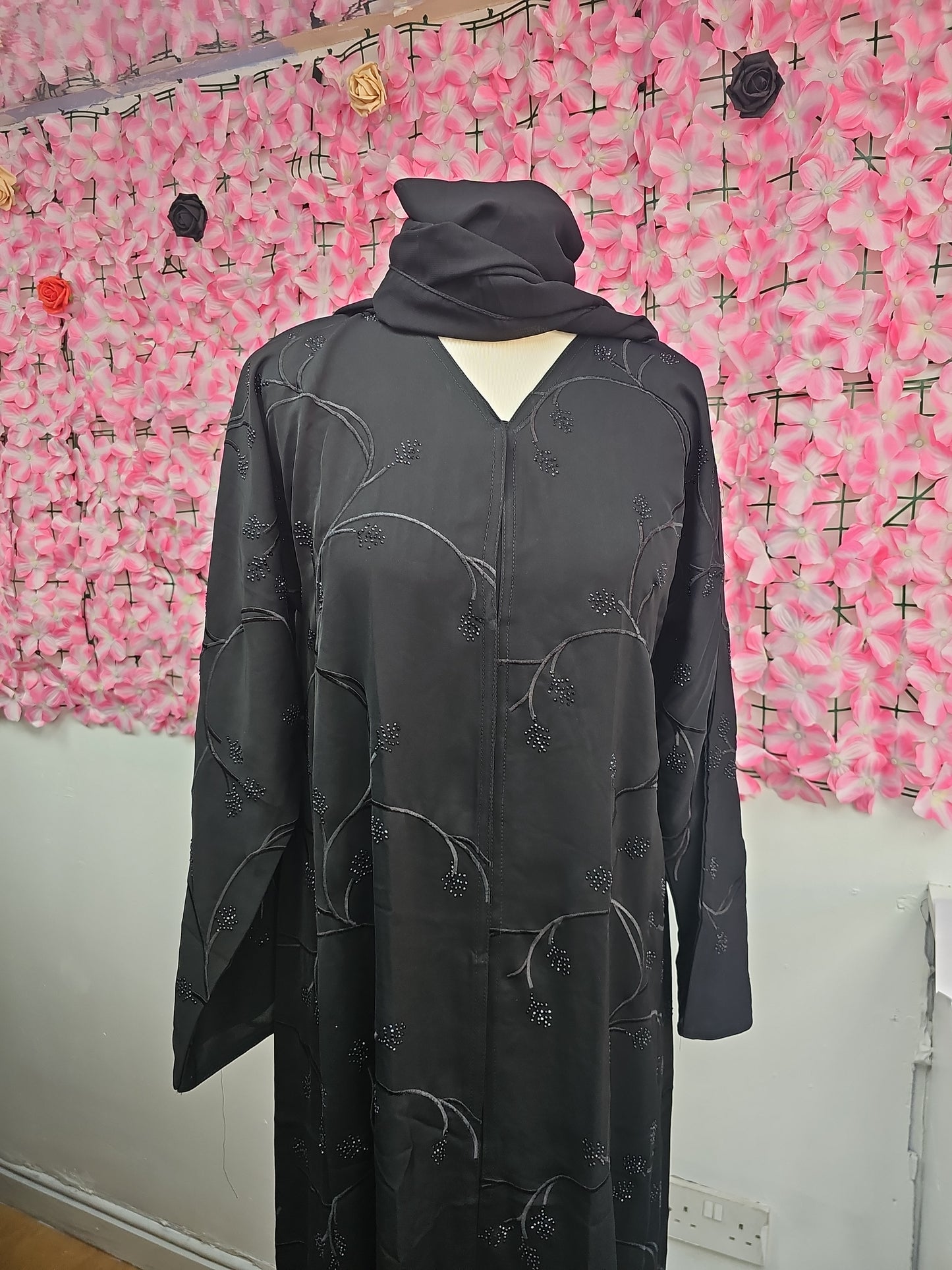 Fatiisa Abaya with buttons, full front and back embroidery, beaded work, and a scarf.