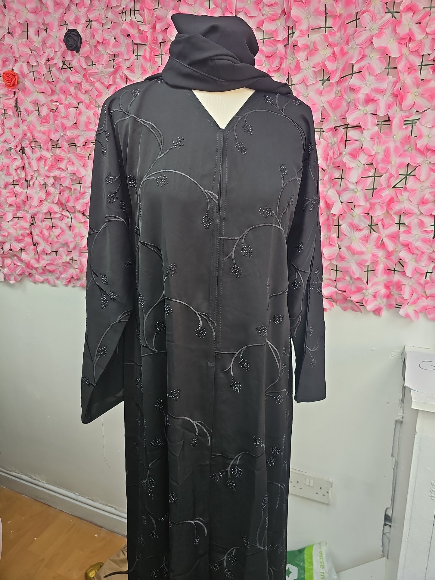 Fatiisa Abaya with buttons, full front and back embroidery, beaded work, and a scarf.