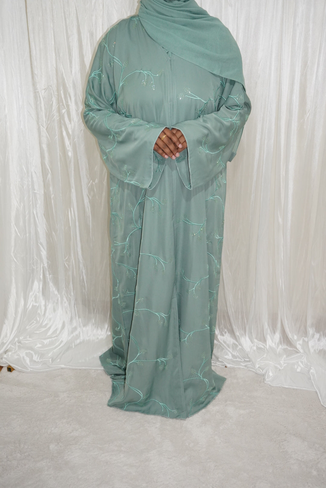 Fatiisa Abaya with buttons, full front and back embroidery, beaded work, and a scarf.