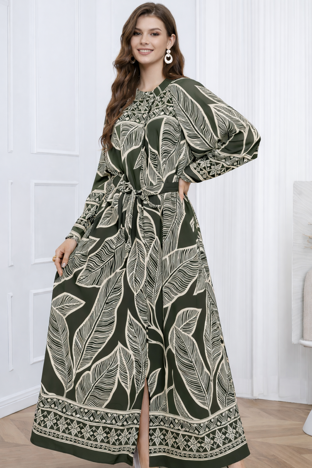 Linen Blend Botanical Leaf Tie Waist Shirt Dress