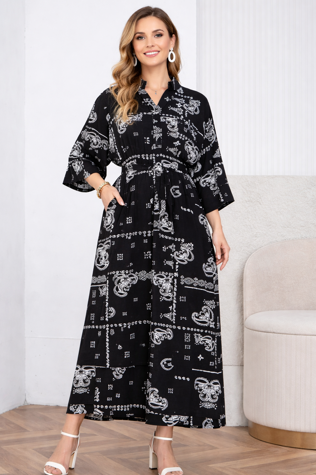 Linen Blend Paisley Bandana Print Tie Waist Midi Dress