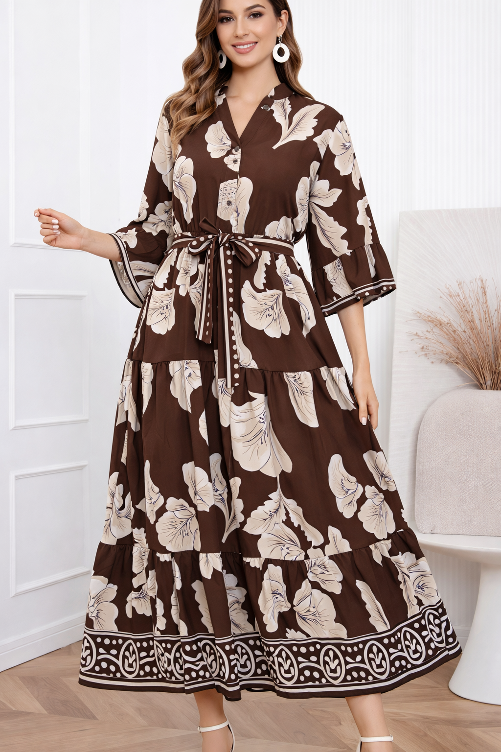 Linen Blend Floral Tiered Tie Waist Midi Dress