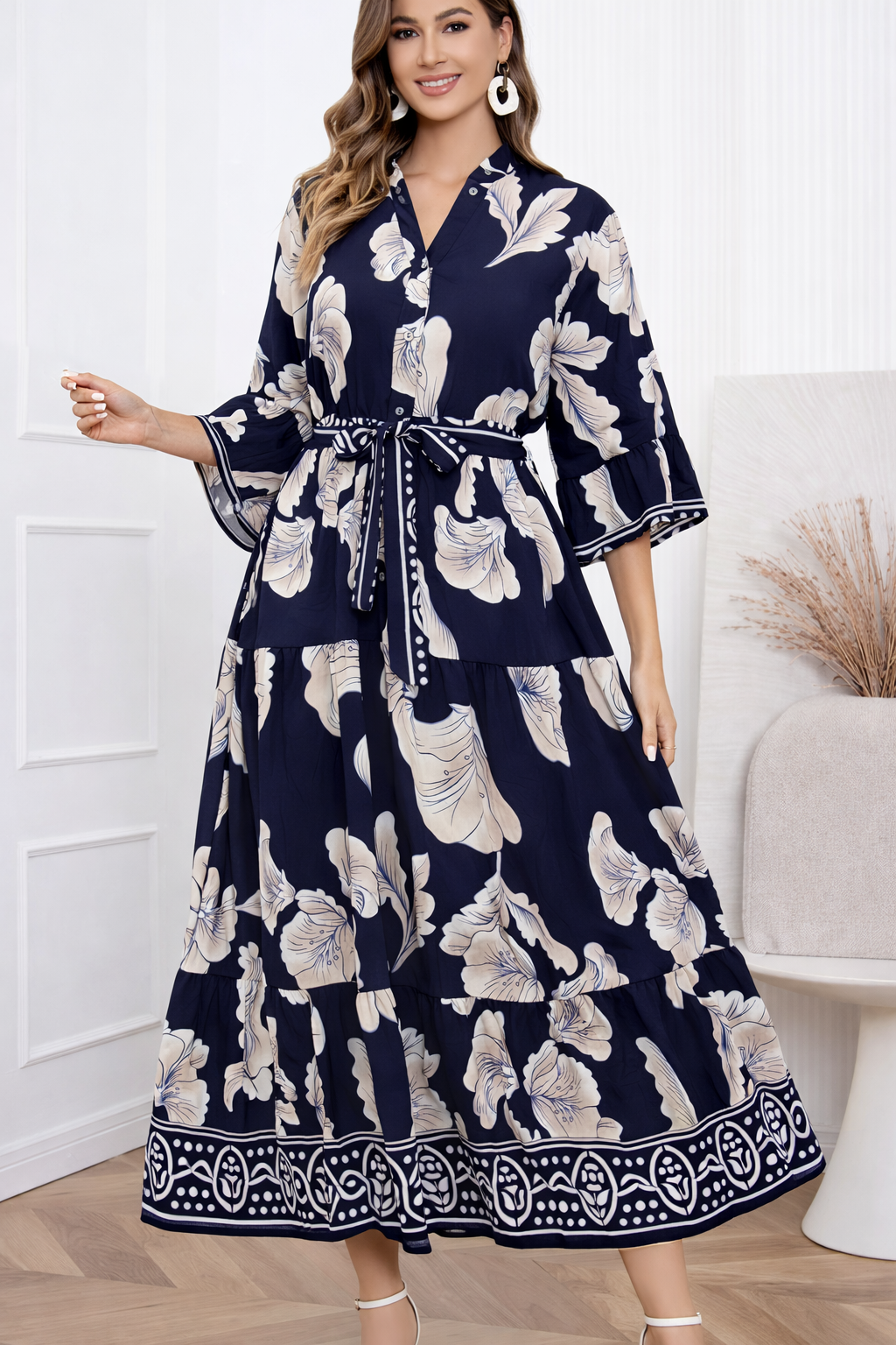 Linen Blend Floral Tiered Tie Waist Midi Dress