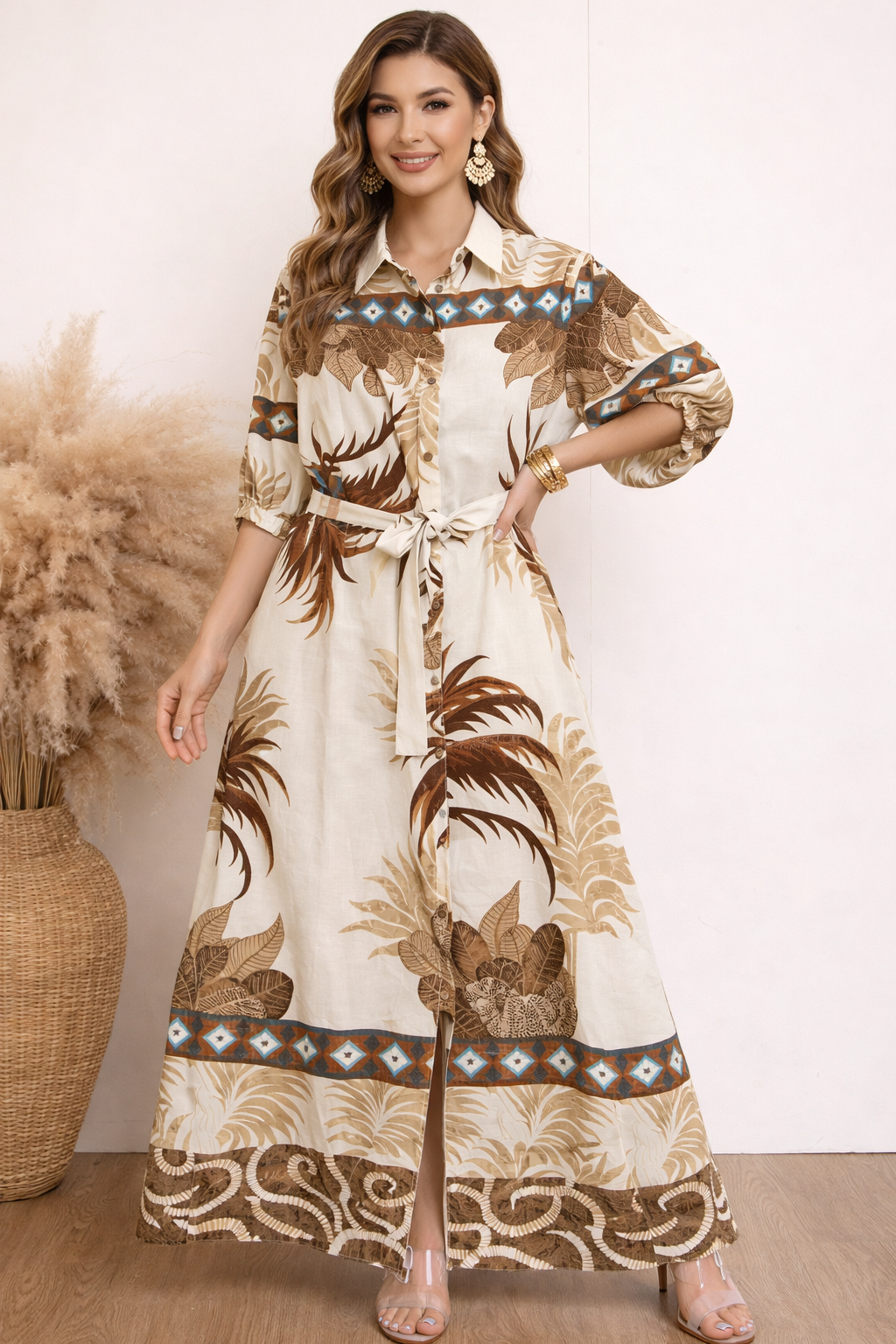 tie waist shirt dress Linen Blend Tropical Palm Print Tie Waist Shirt Dress – Fatiisa