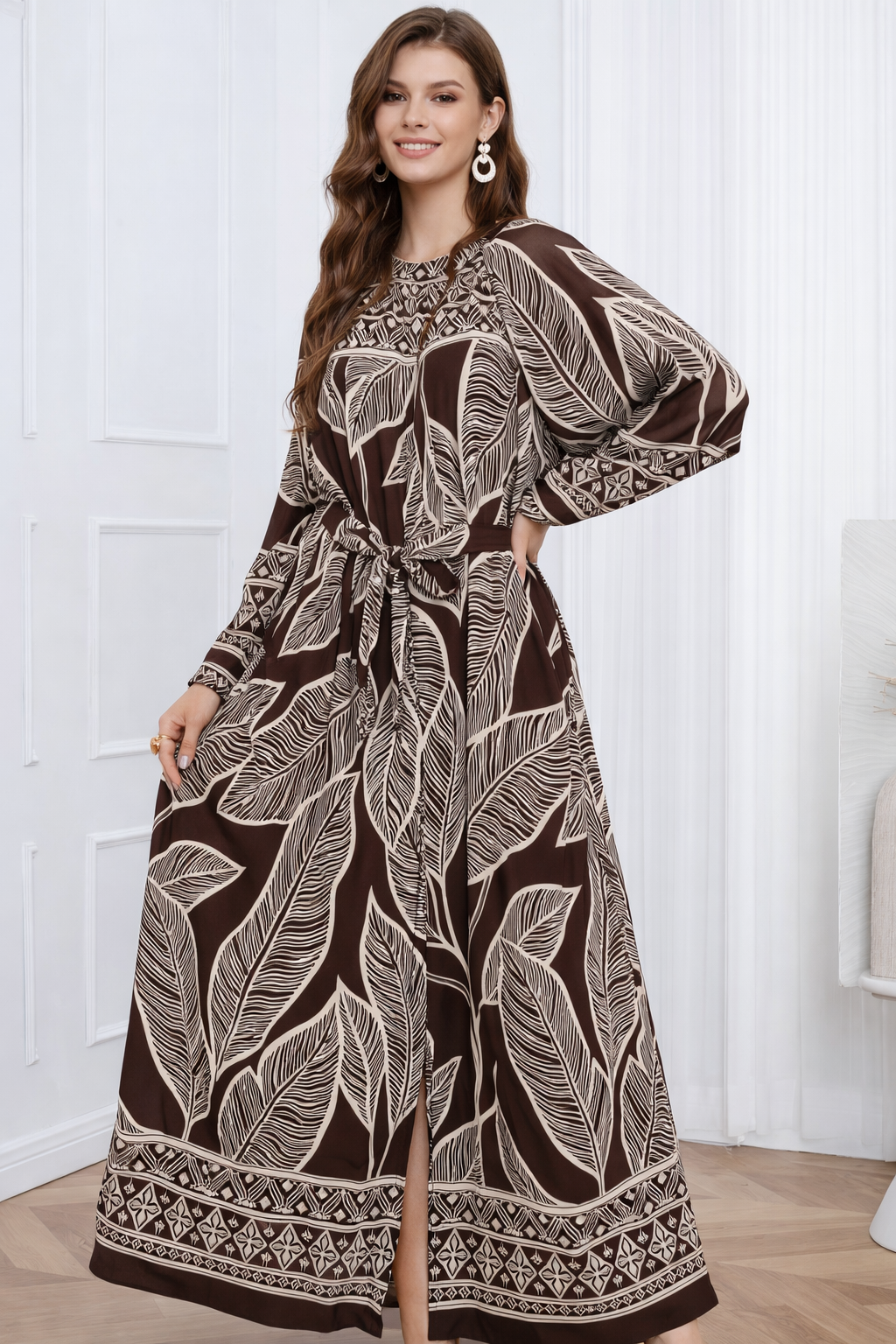 Linen Blend Botanical Leaf Tie Waist Shirt Dress