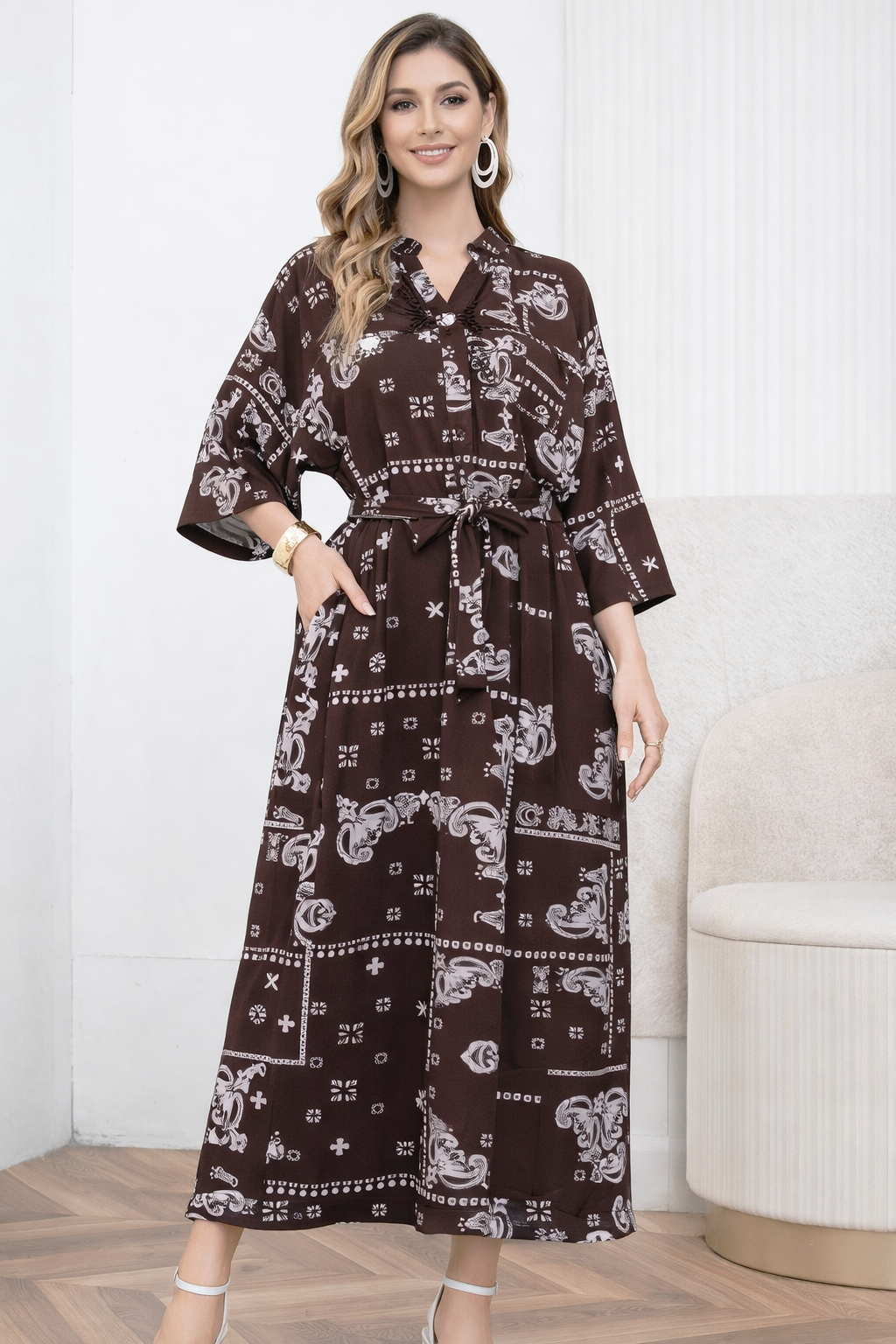 Linen Blend Paisley Bandana Print Tie Waist Midi Dress