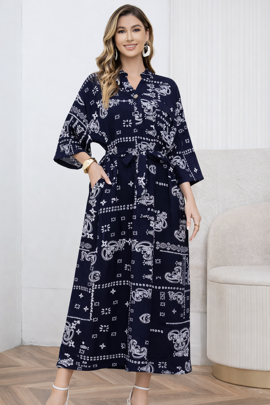 Linen Blend Paisley Bandana Print Tie Waist Midi Dress