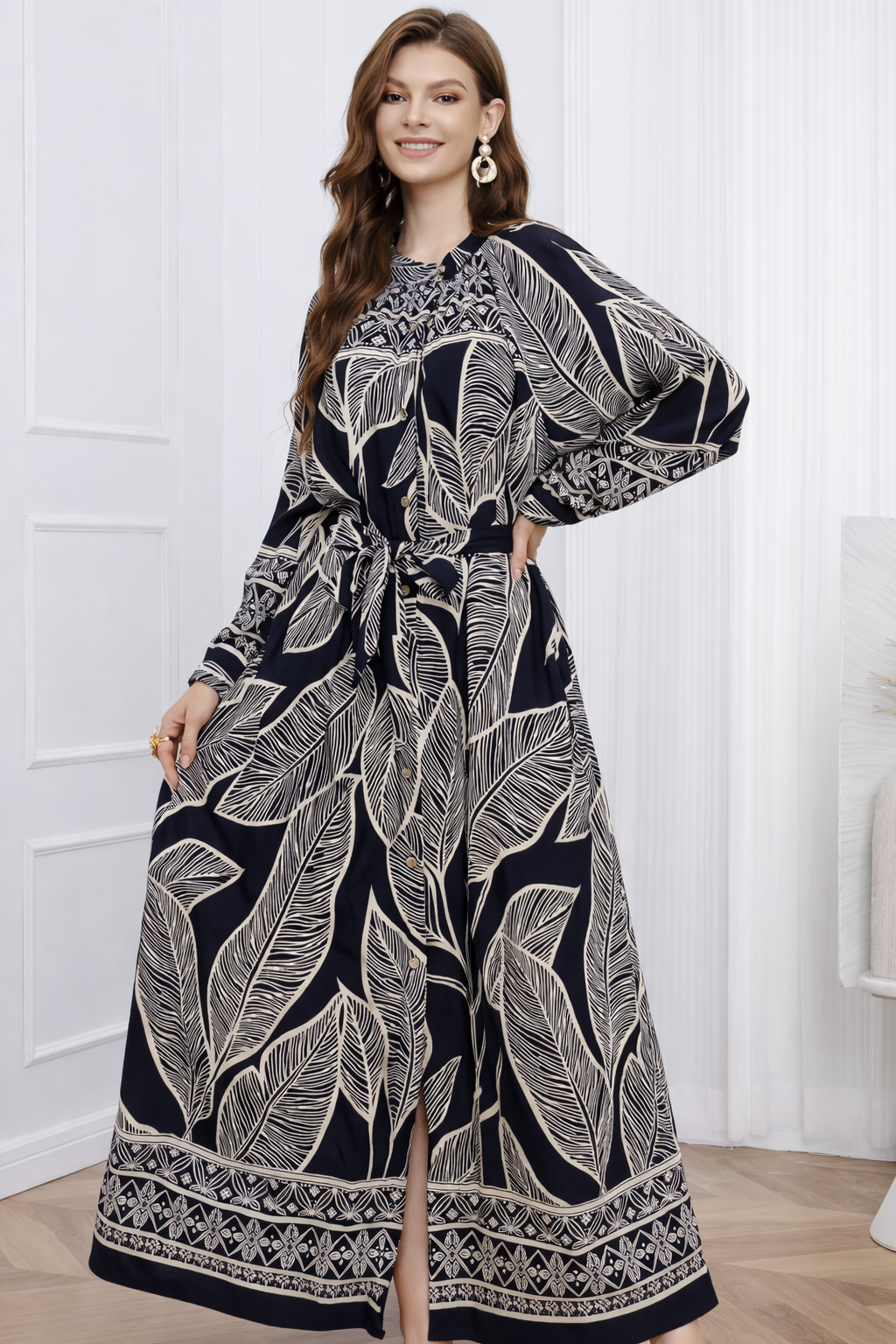 Linen Blend Botanical Leaf Tie Waist Shirt Dress