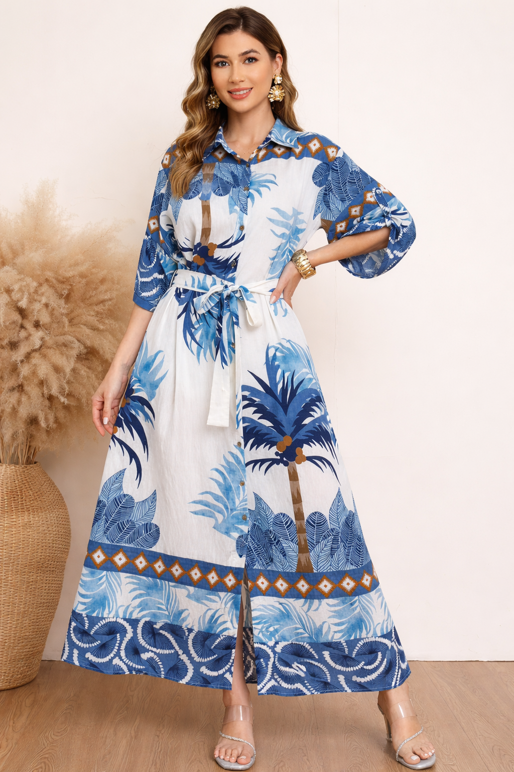 Linen Blend Tropical Palm Print Tie Waist Shirt Dress  Fatiisa