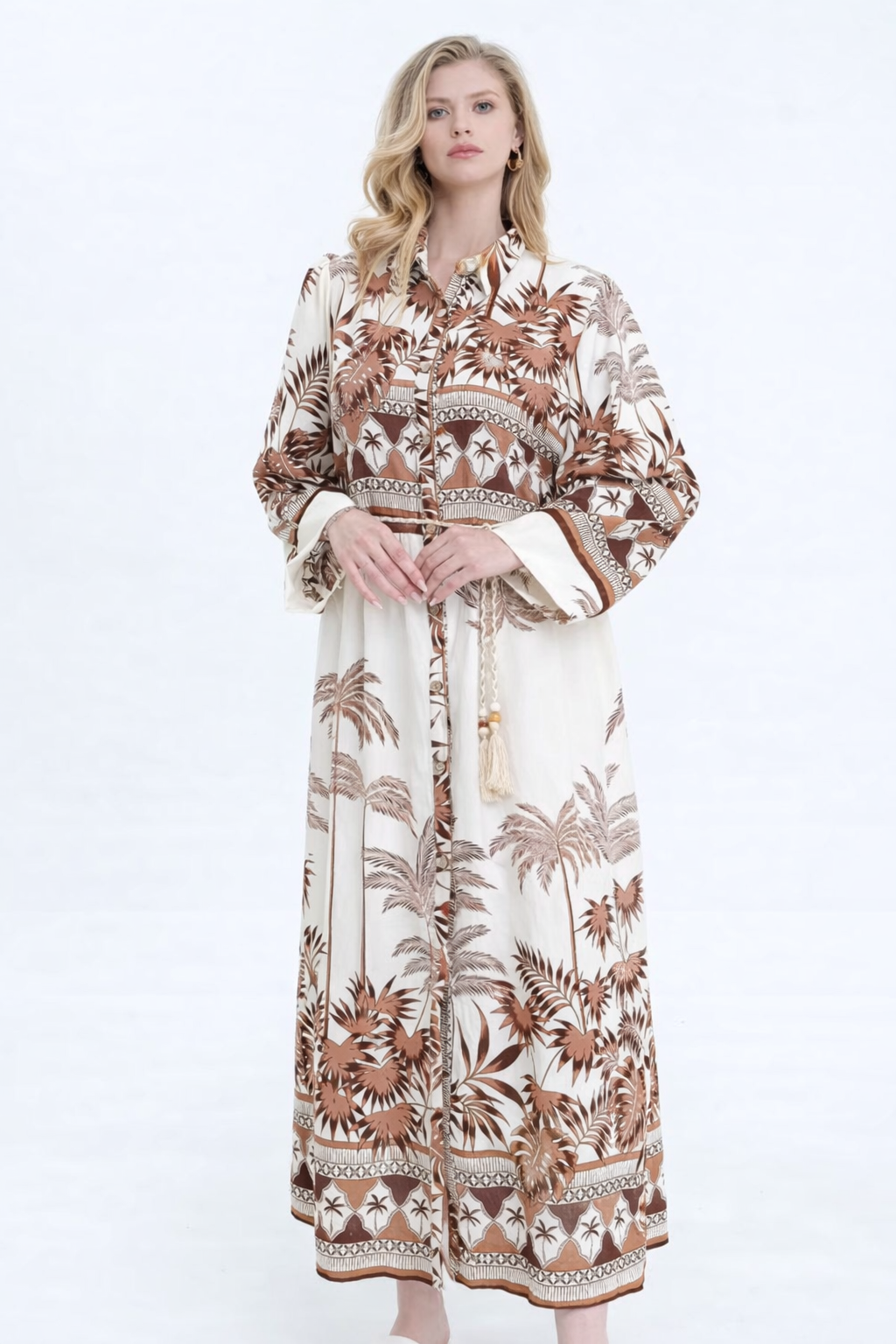 Tropical Border Print Linen Blend Shirt Midi Dress with Tass