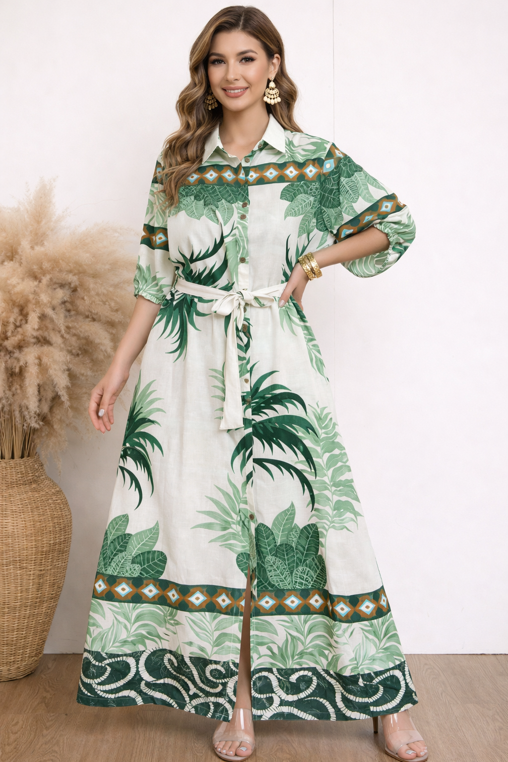 Linen Blend Tropical Palm Print Tie Waist Shirt Dress