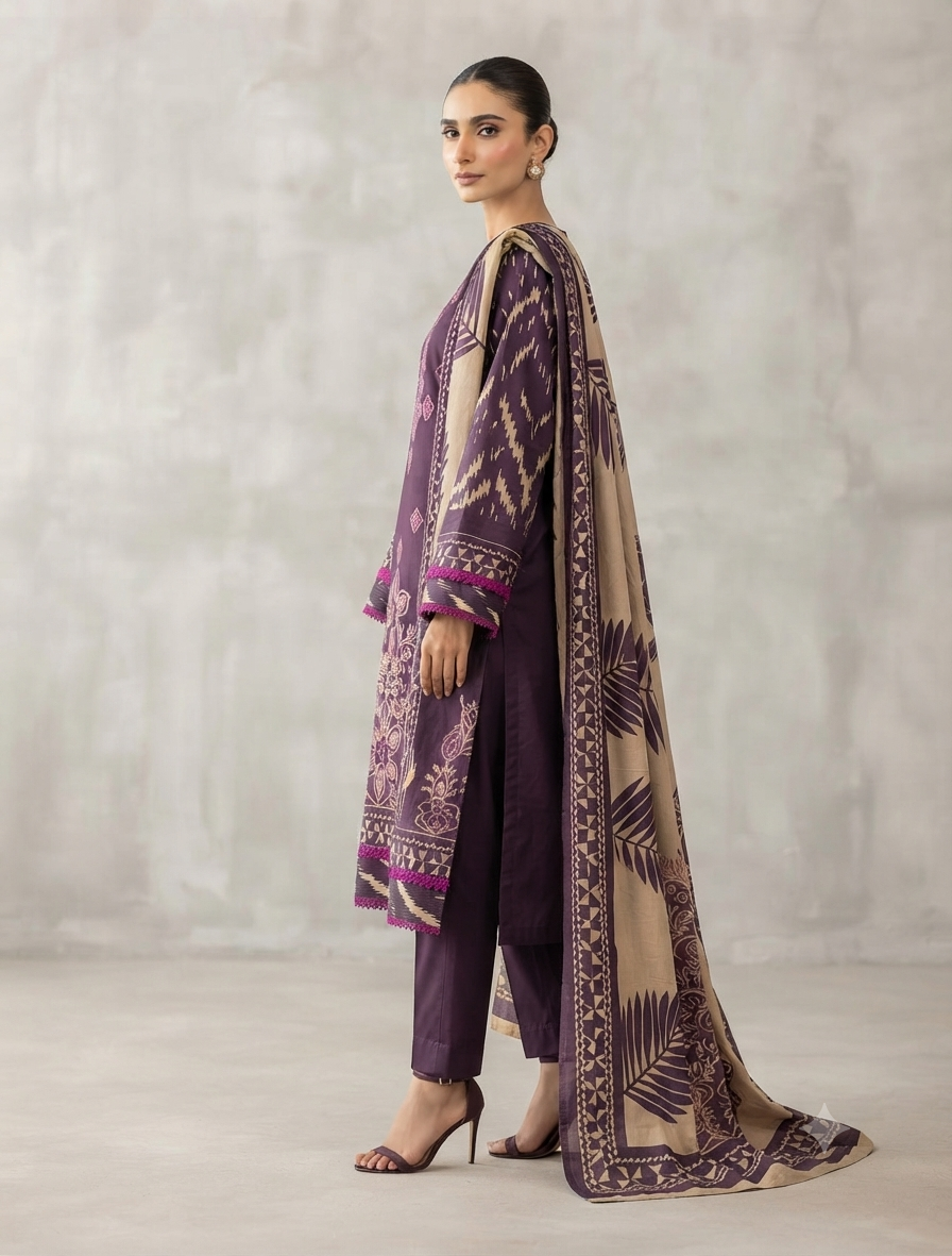 Elegant Winter Three-Piece Print, Embroidery & Sequin Work Suit