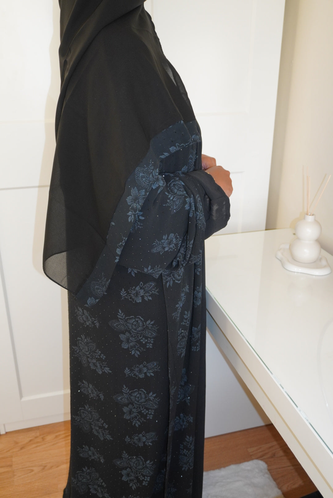 Fatisa Chiffon Gems Abaya with Black Scarf and Inner Slip Dress