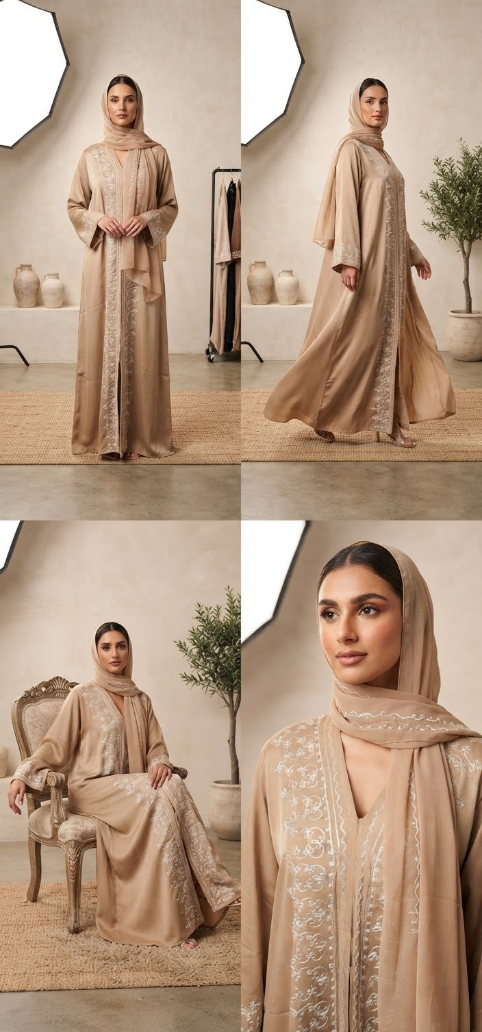 Fatiisa Embroidered Open Abaya with Matching Scarf