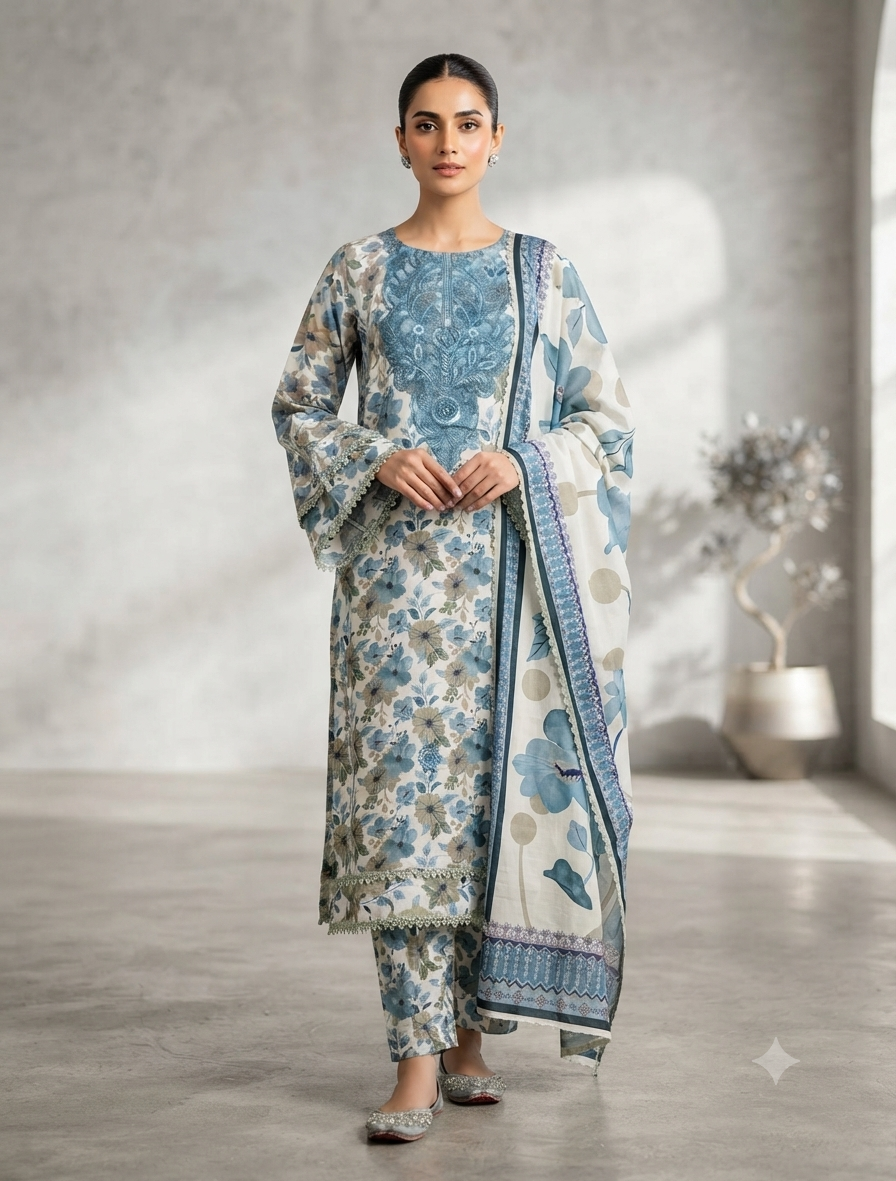 Elegant Winter Three-Piece Print, Embroidery & Sequin Work Suit