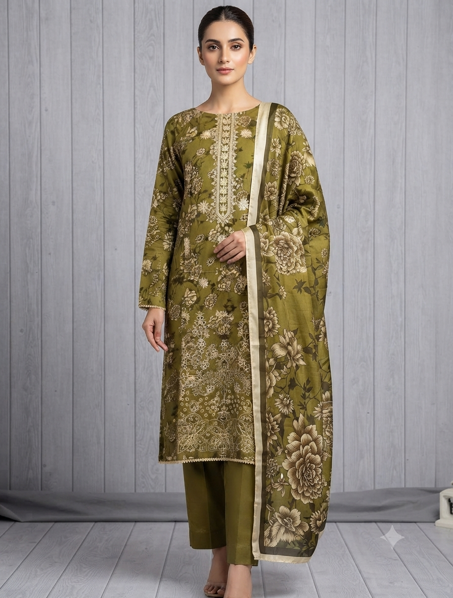 Elegant Winter Three-Piece Print, Embroidery & Sequin Work Suit
