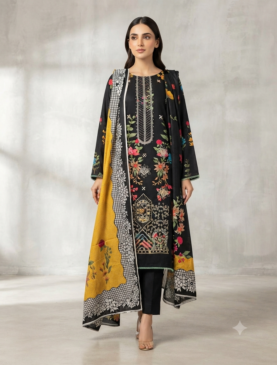 Elegant Winter Three-Piece Print, Embroidery & Sequin Work Suit