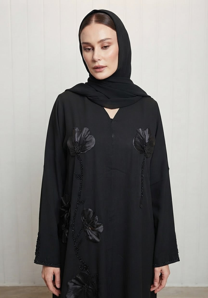 Elegant Black Open Abaya with 3D Floral Beadwork & Matching Chiffon Scarf