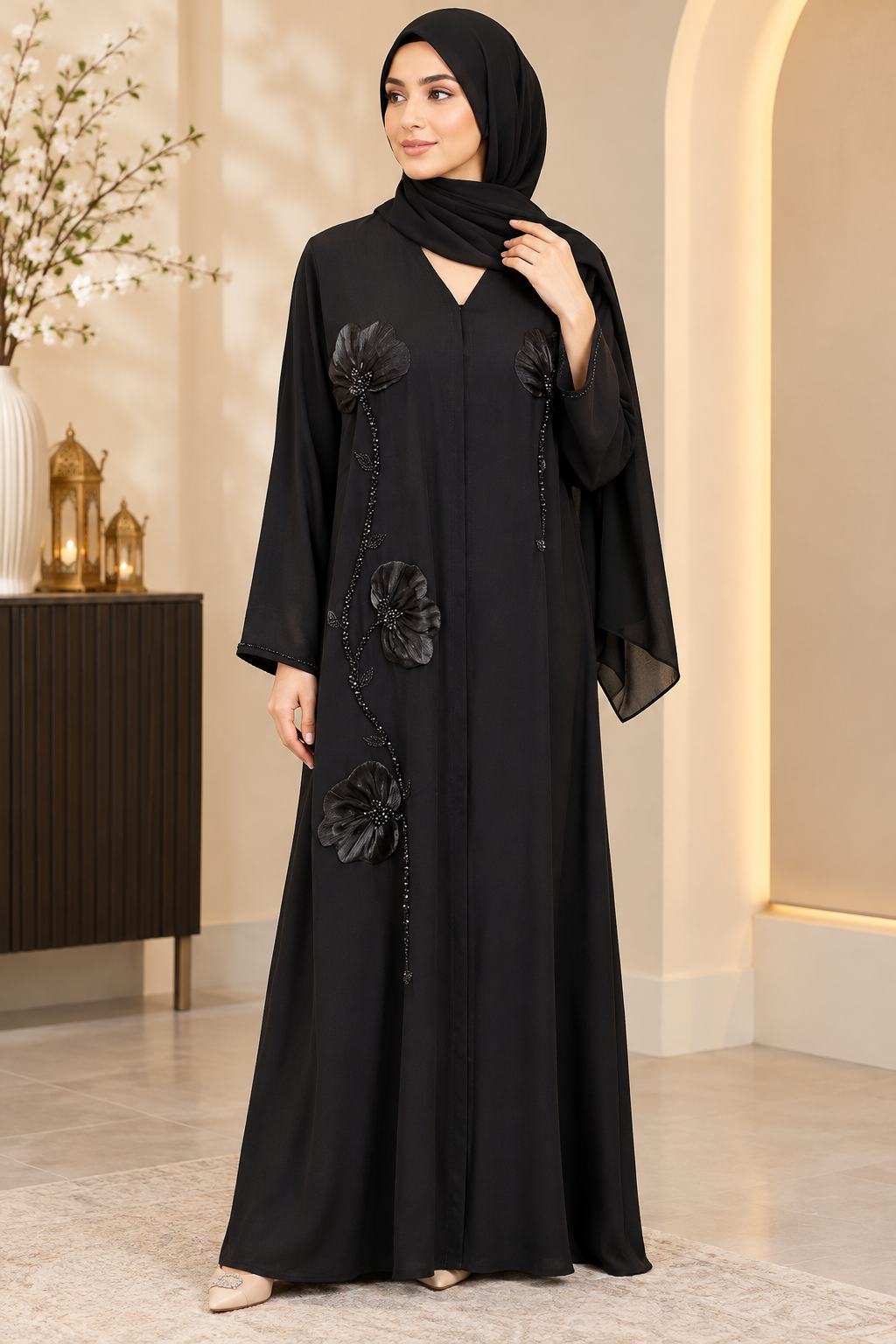 Elegant Black Open Abaya with 3D Floral Beadwork & Matching Chiffon Scarf