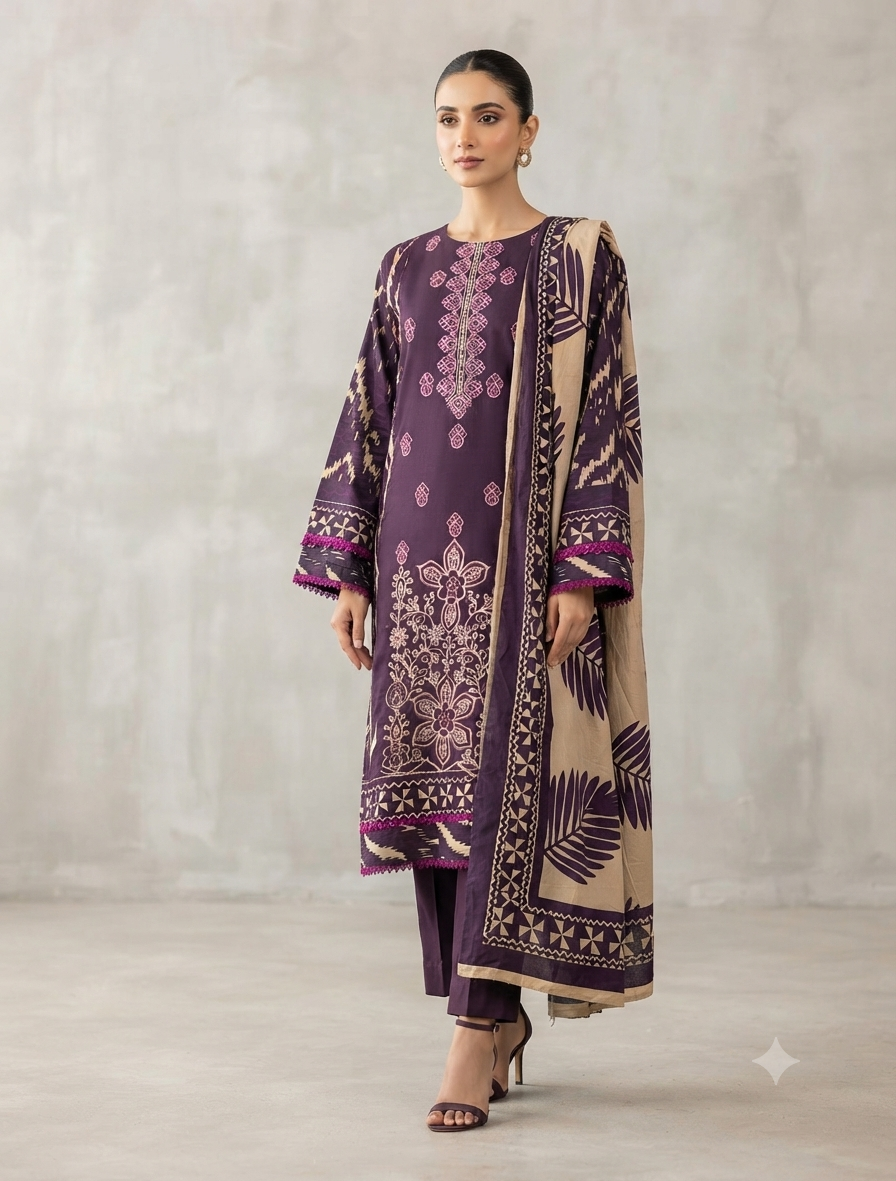 Elegant Winter Three-Piece Print, Embroidery & Sequin Work Suit