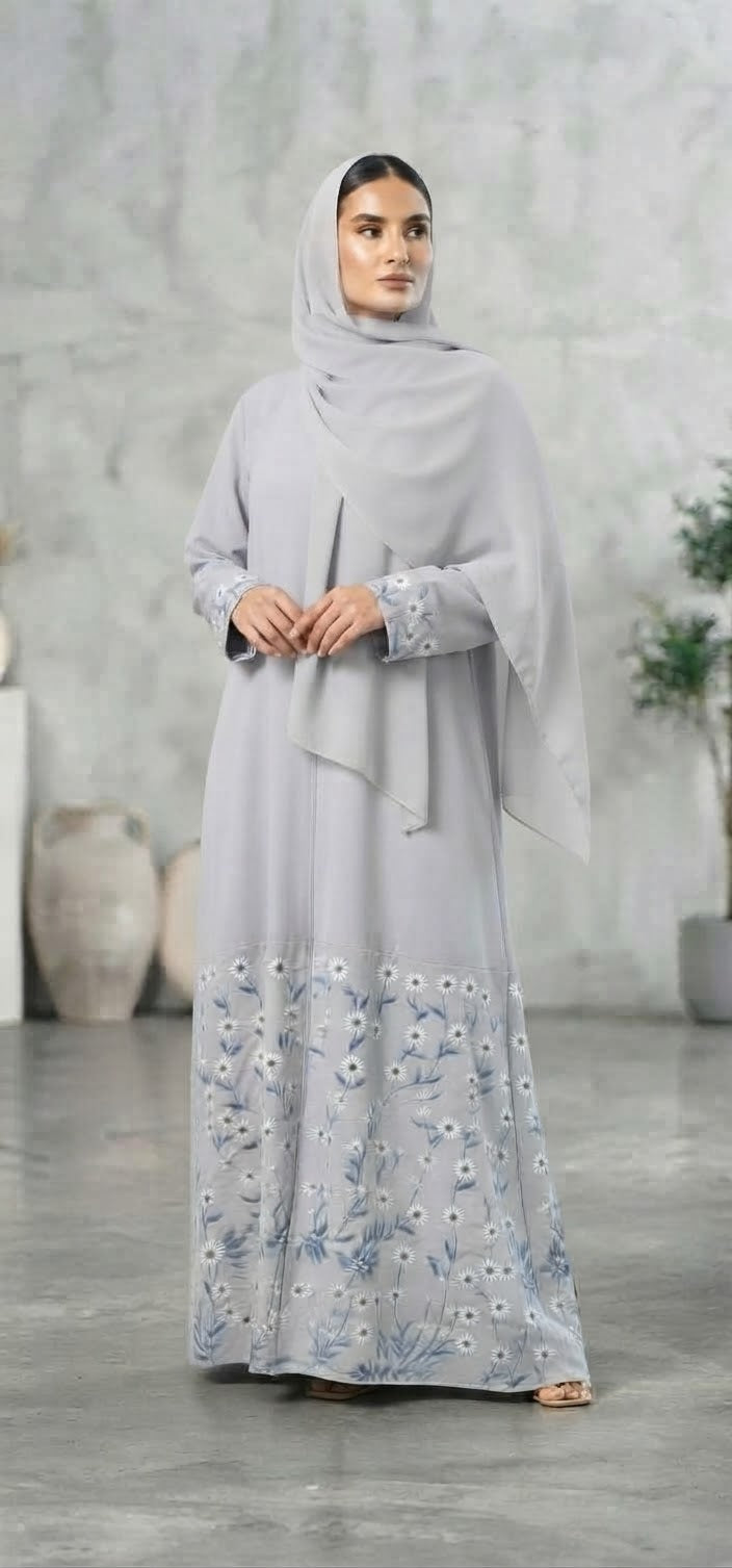 Open Abaya with Floral Embroidery