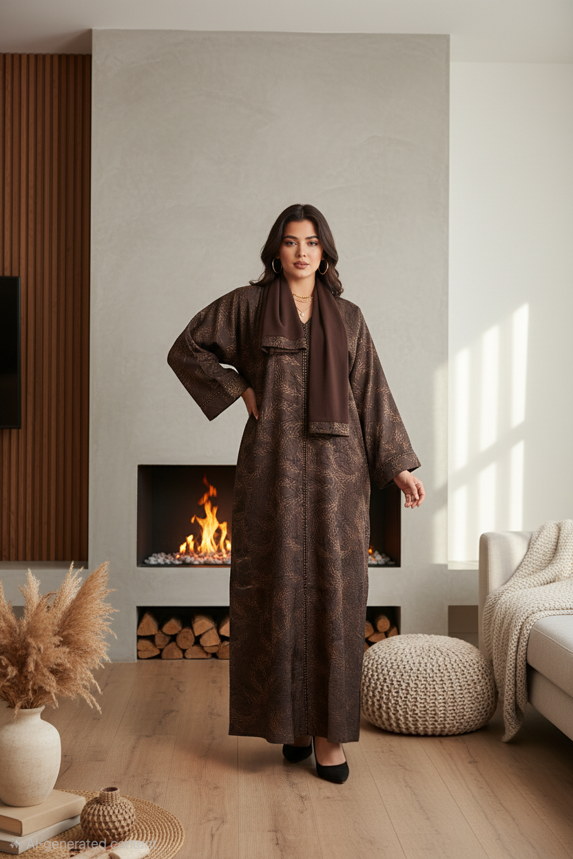 Luxury Jacquard Closed Abaya with Matching Scarf