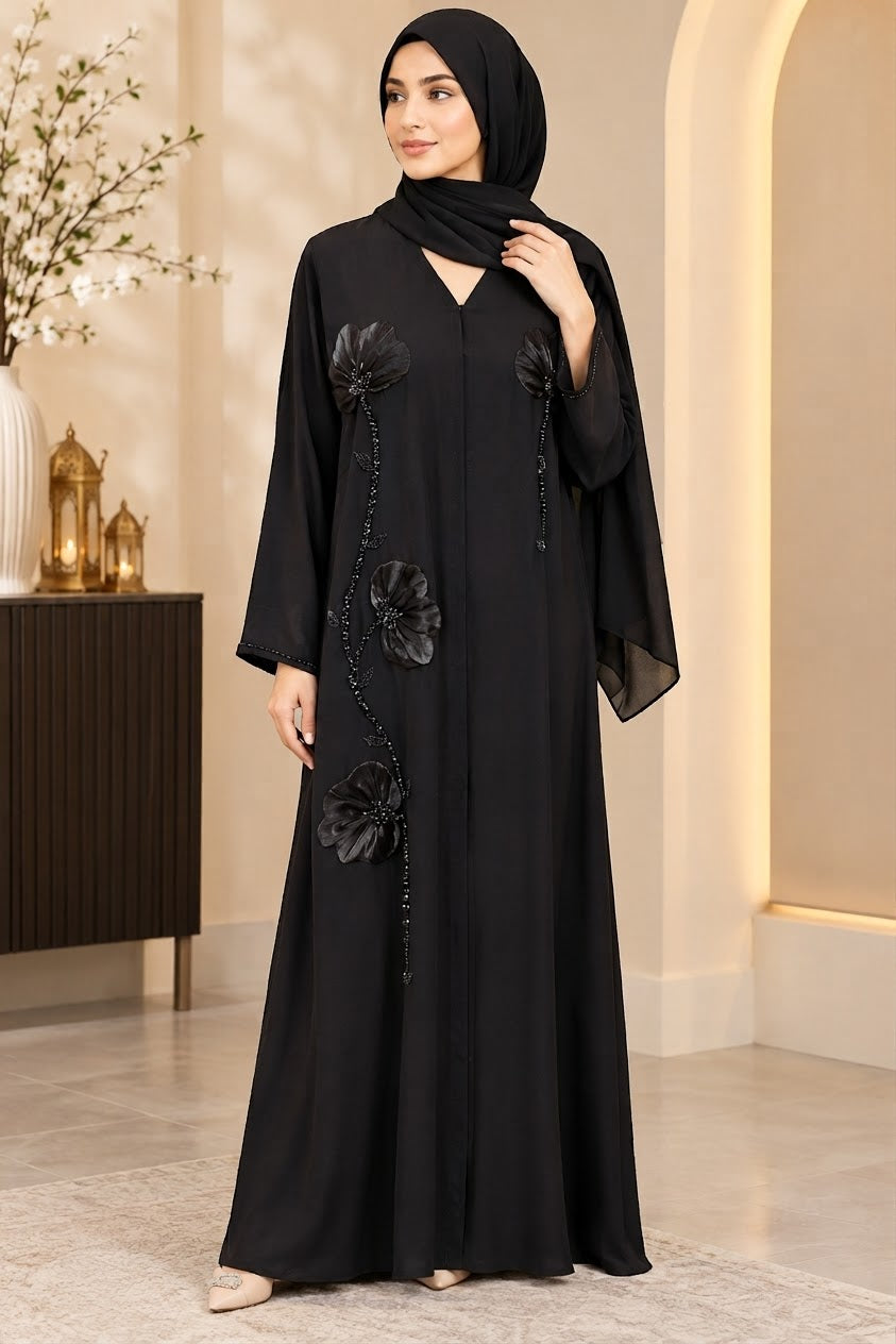 Elegant Black Open Abaya with 3D Floral Beadwork & Matching Chiffon Scarf