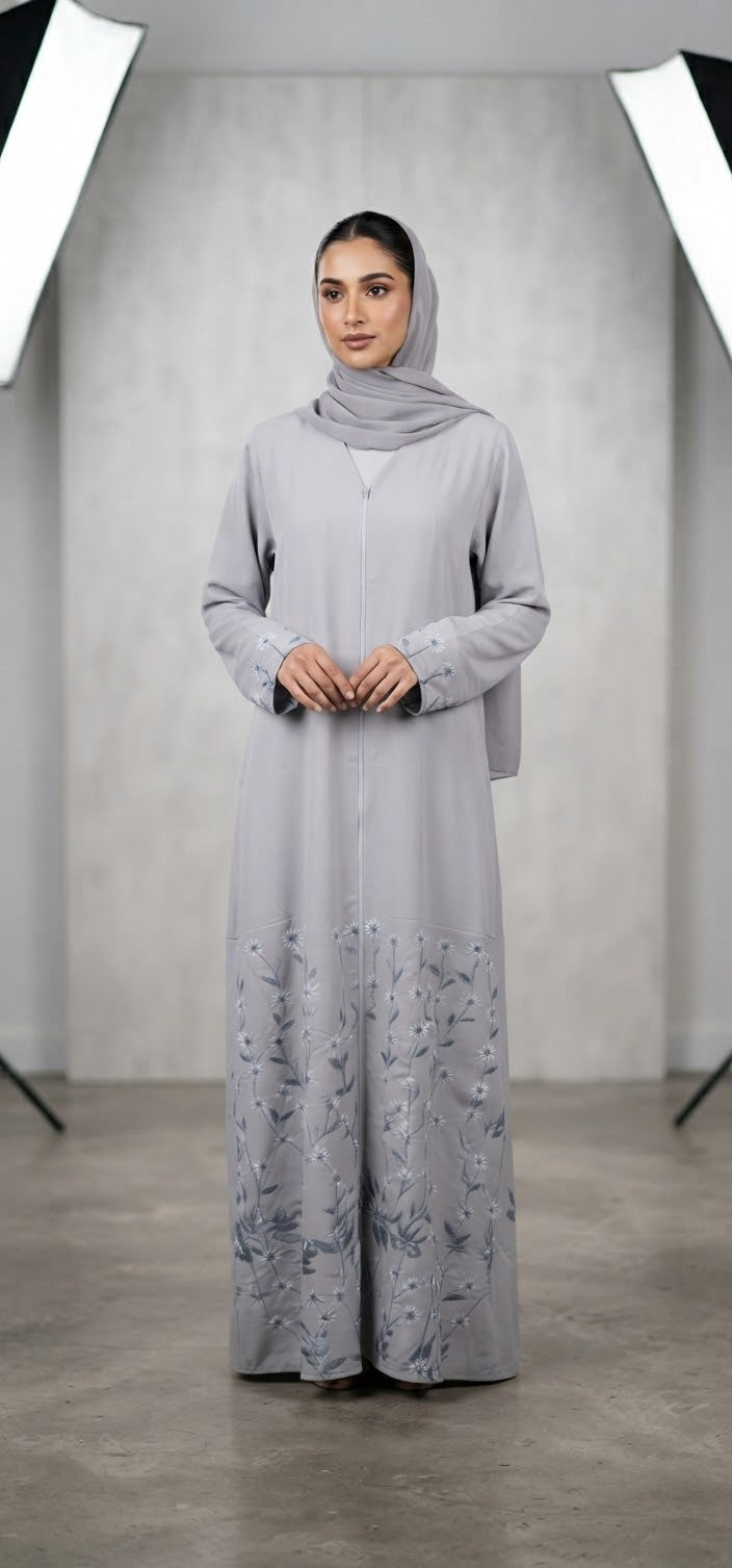 Open Abaya with Floral Embroidery