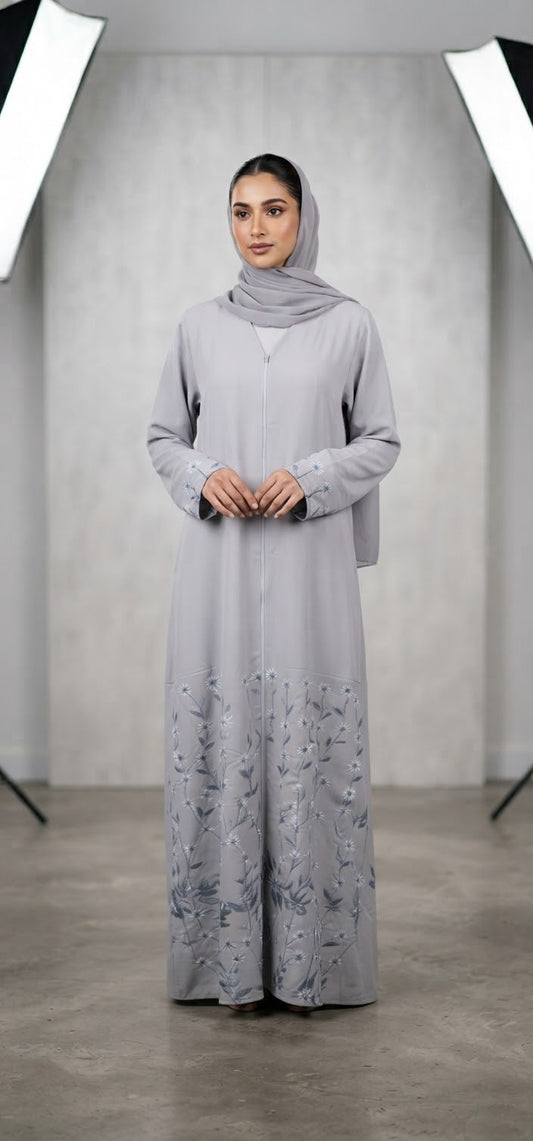 Open Abaya with Floral Embroidery