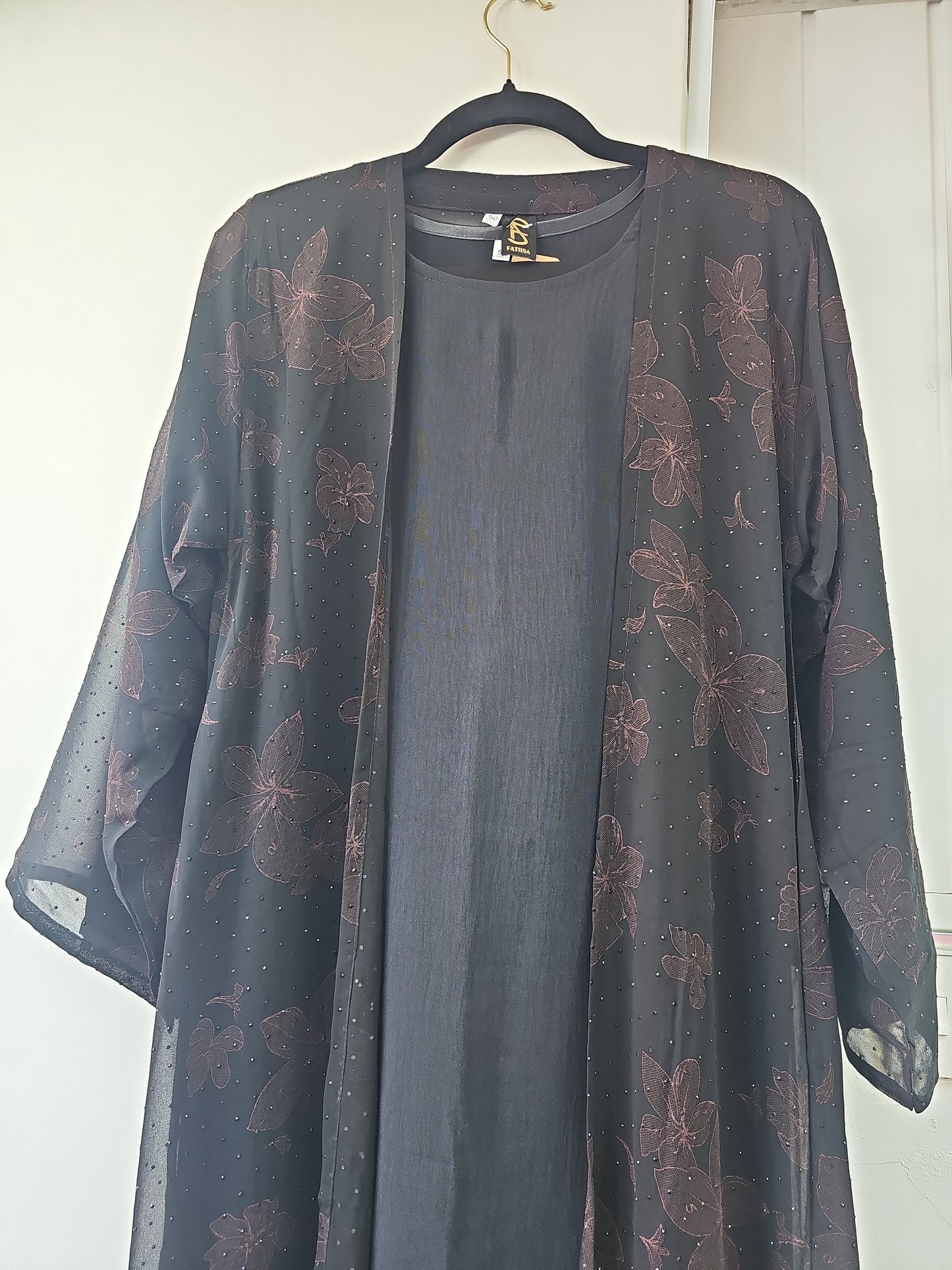 Fatisa Chiffon Gems Abaya with Black Scarf and Inner Slip Dress