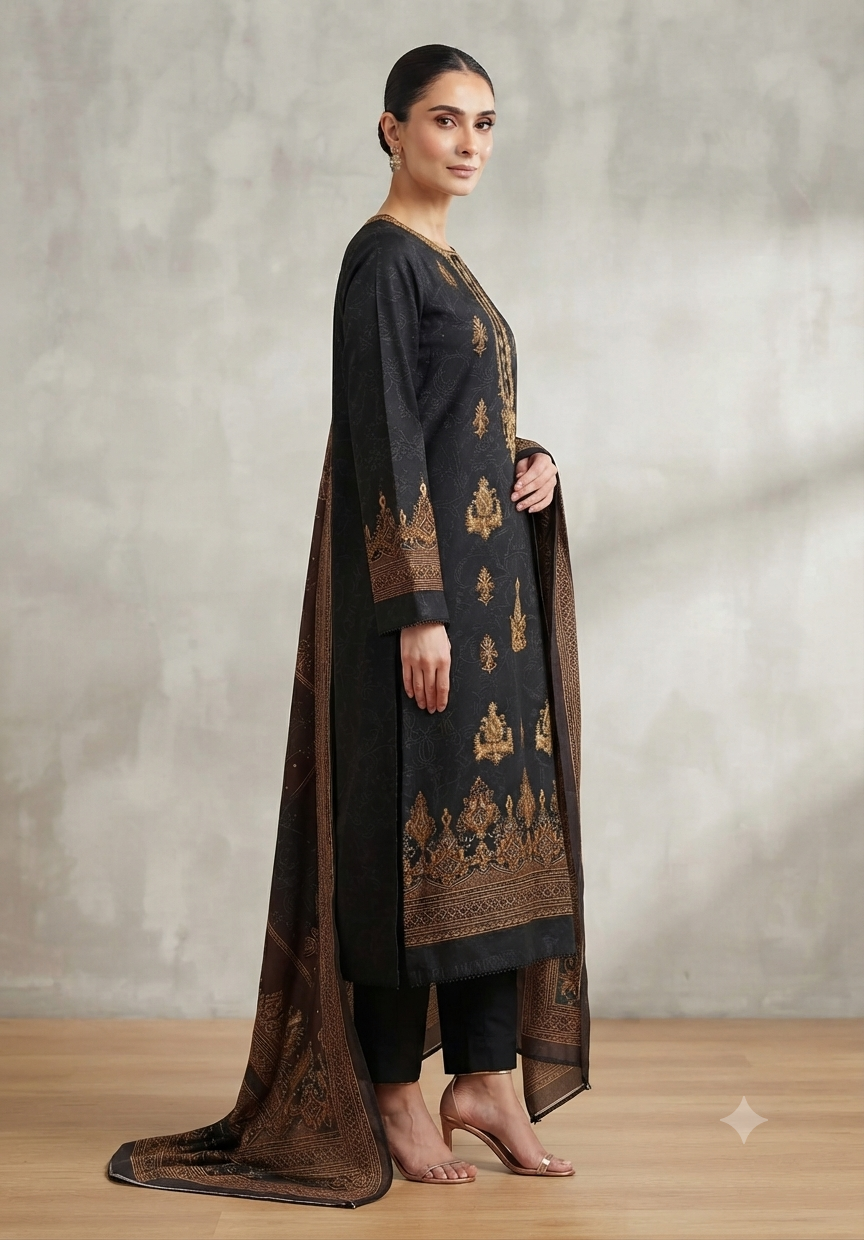 Elegant Winter Three-Piece Print, Embroidery & Sequin Work Suit