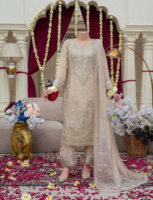 Eid Luxury Embroidered 3 Piece Suit – Elegant Beige Festive Wear