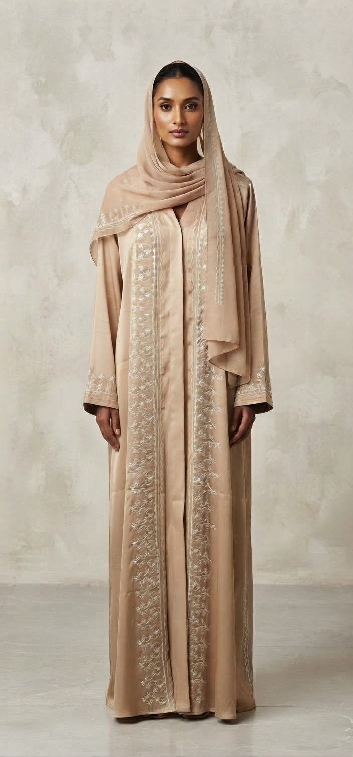 Fatiisa Embroidered Open Abaya with Matching Scarf