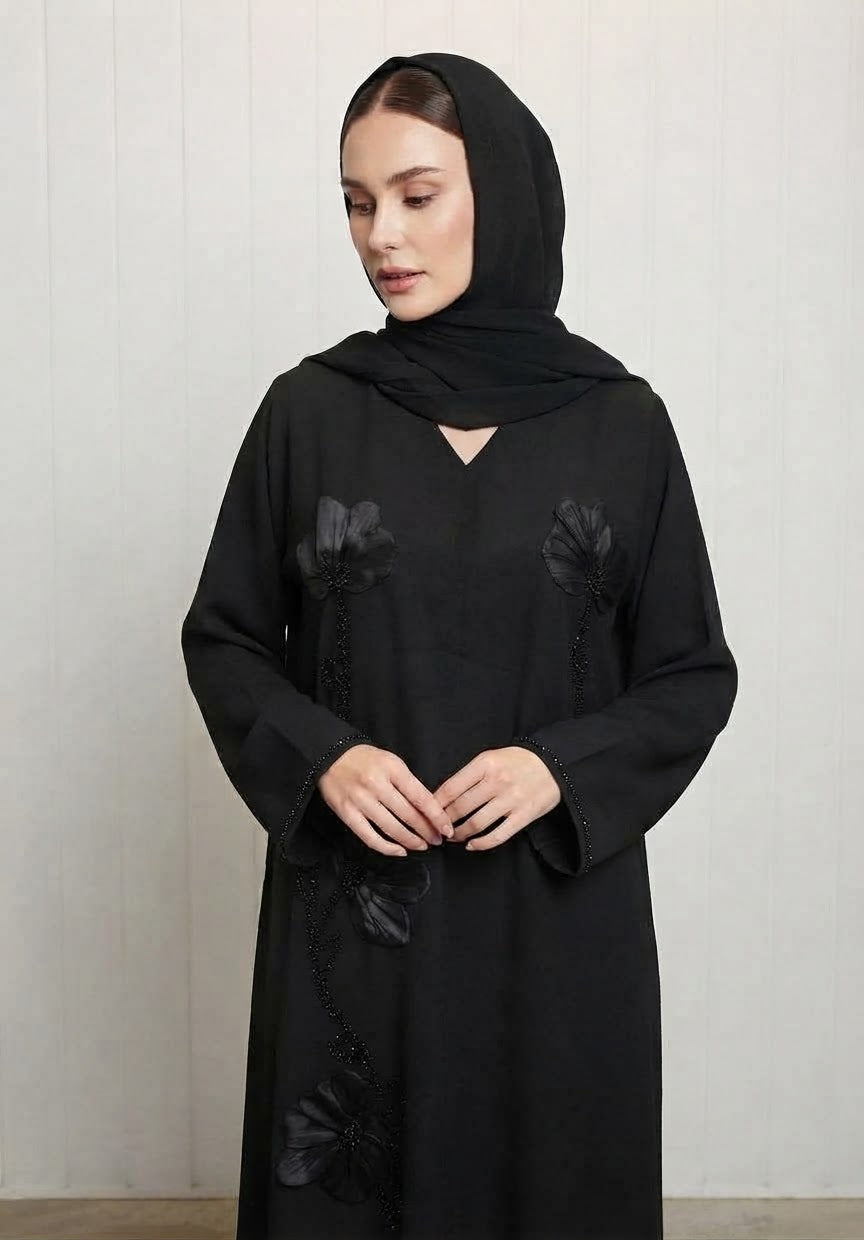 Elegant Black Open Abaya with 3D Floral Beadwork & Matching Chiffon Scarf