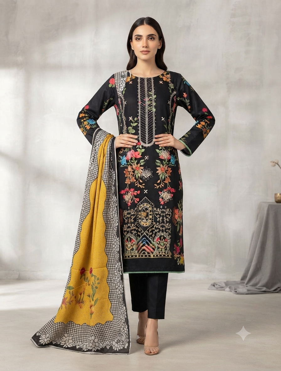Elegant Winter Three-Piece Print, Embroidery & Sequin Work Suit