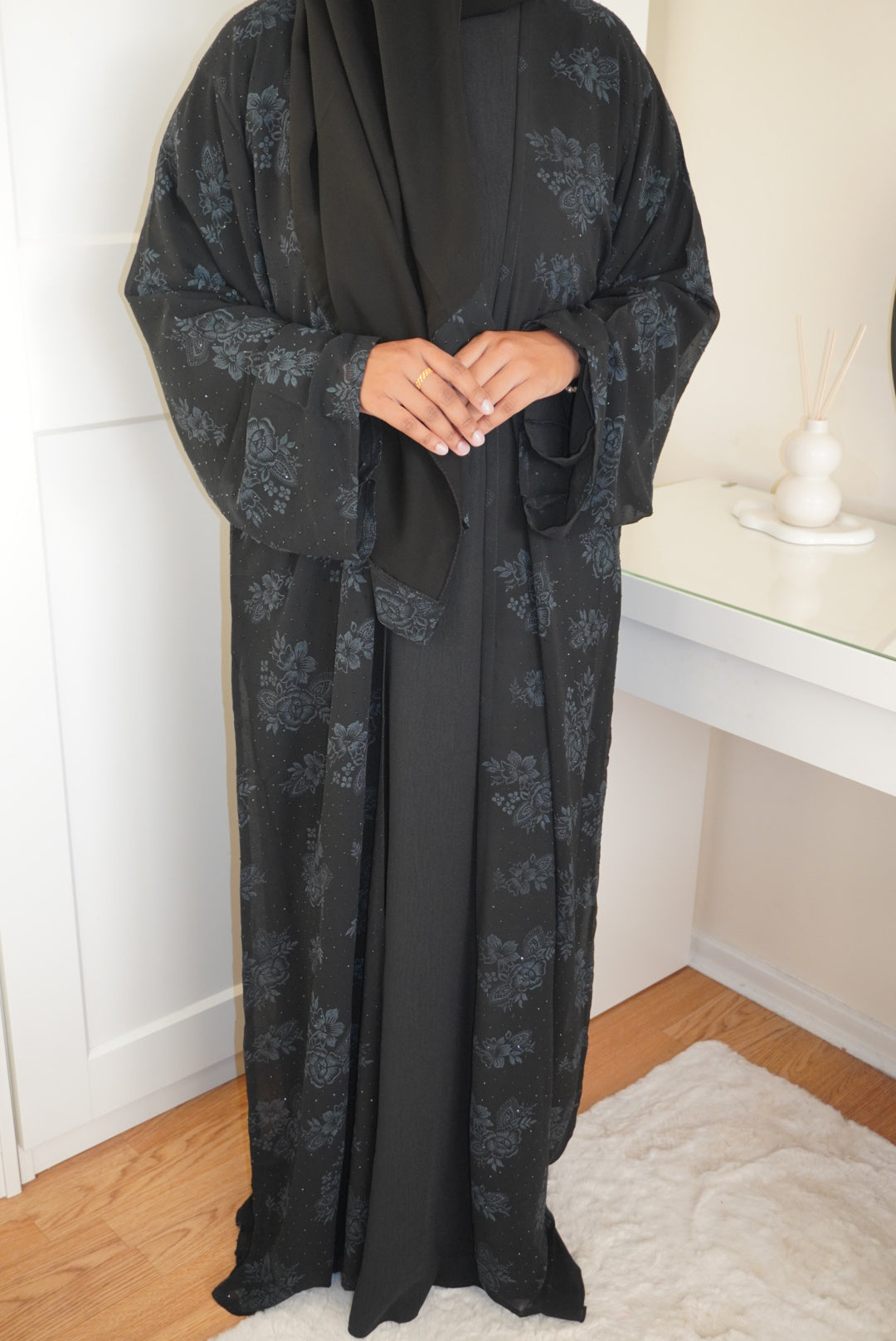 Fatisa Chiffon Gems Abaya with Black Scarf and Inner Slip Dress