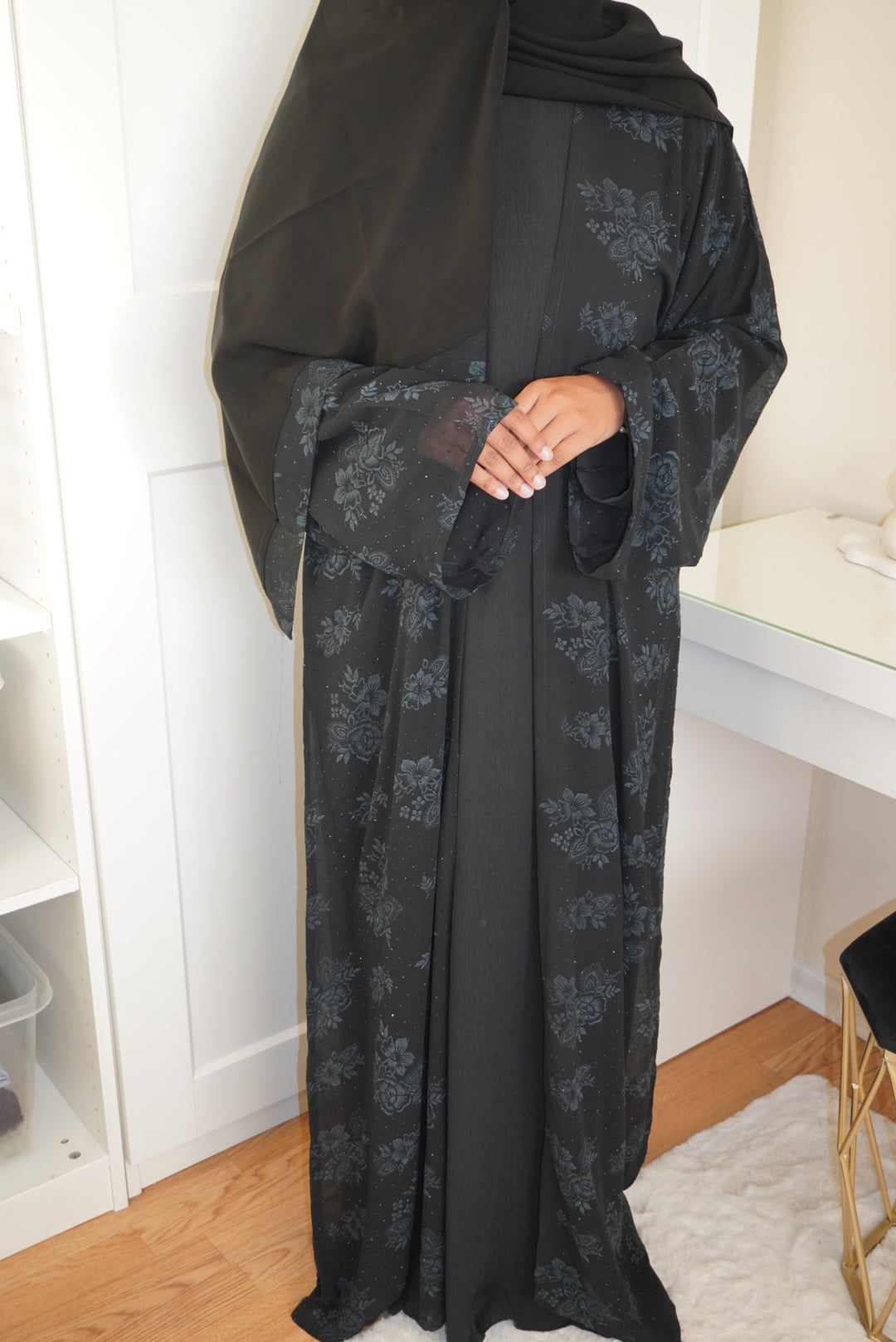 Fatisa Chiffon Gems Abaya with Black Scarf and Inner Slip Dress