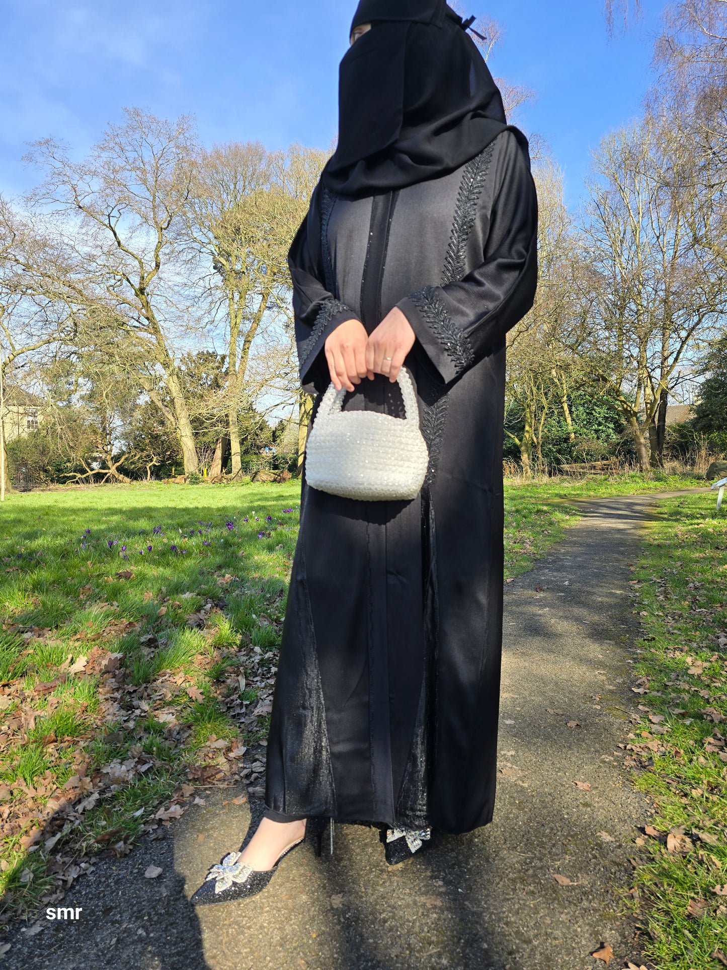 Eid Beautiful Emirati Lace Floral Buttons Open Abaya With Scarf And Belt