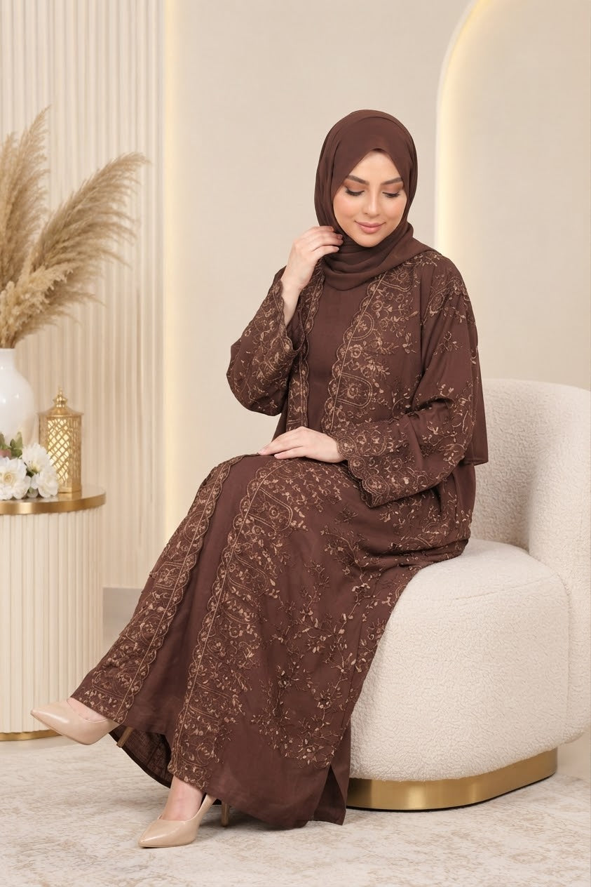Fatiisa Chiffon Embroidered  Abaya – 3 Piece Set