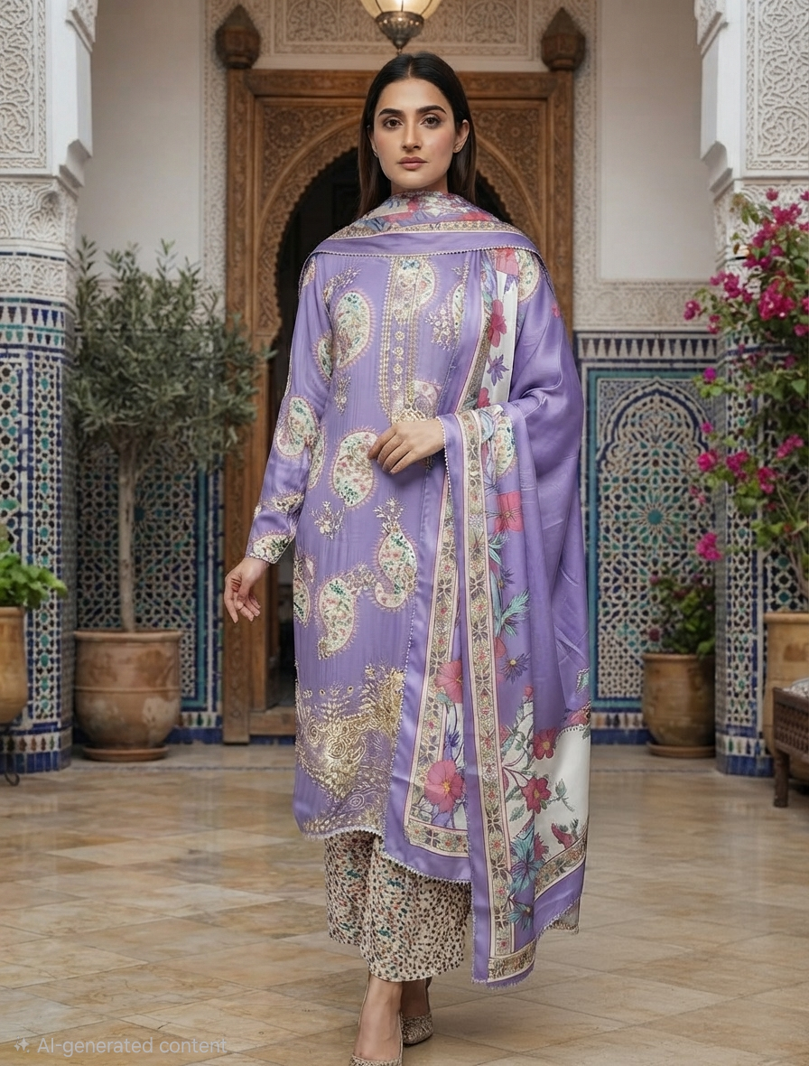 Elegant Winter Three-Piece Print, Embroidery & Sequin Work Suit
