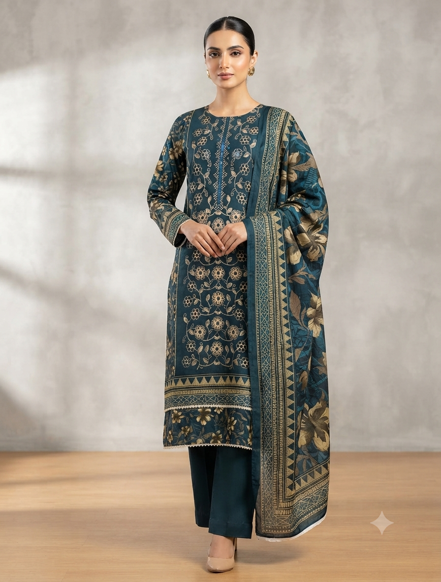 Elegant Winter Three-Piece Print, Embroidery & Sequin Work Suit