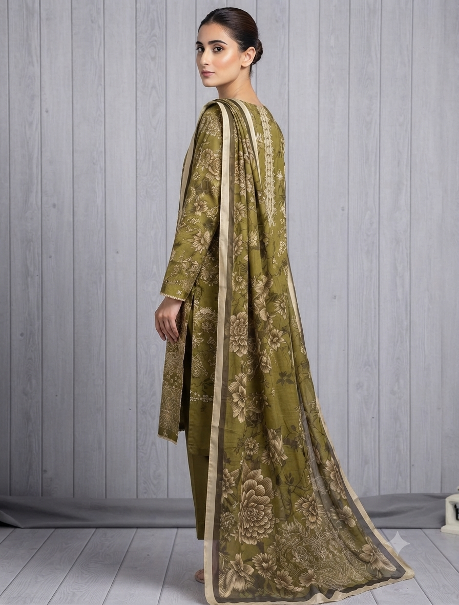 Elegant Winter Three-Piece Print, Embroidery & Sequin Work Suit