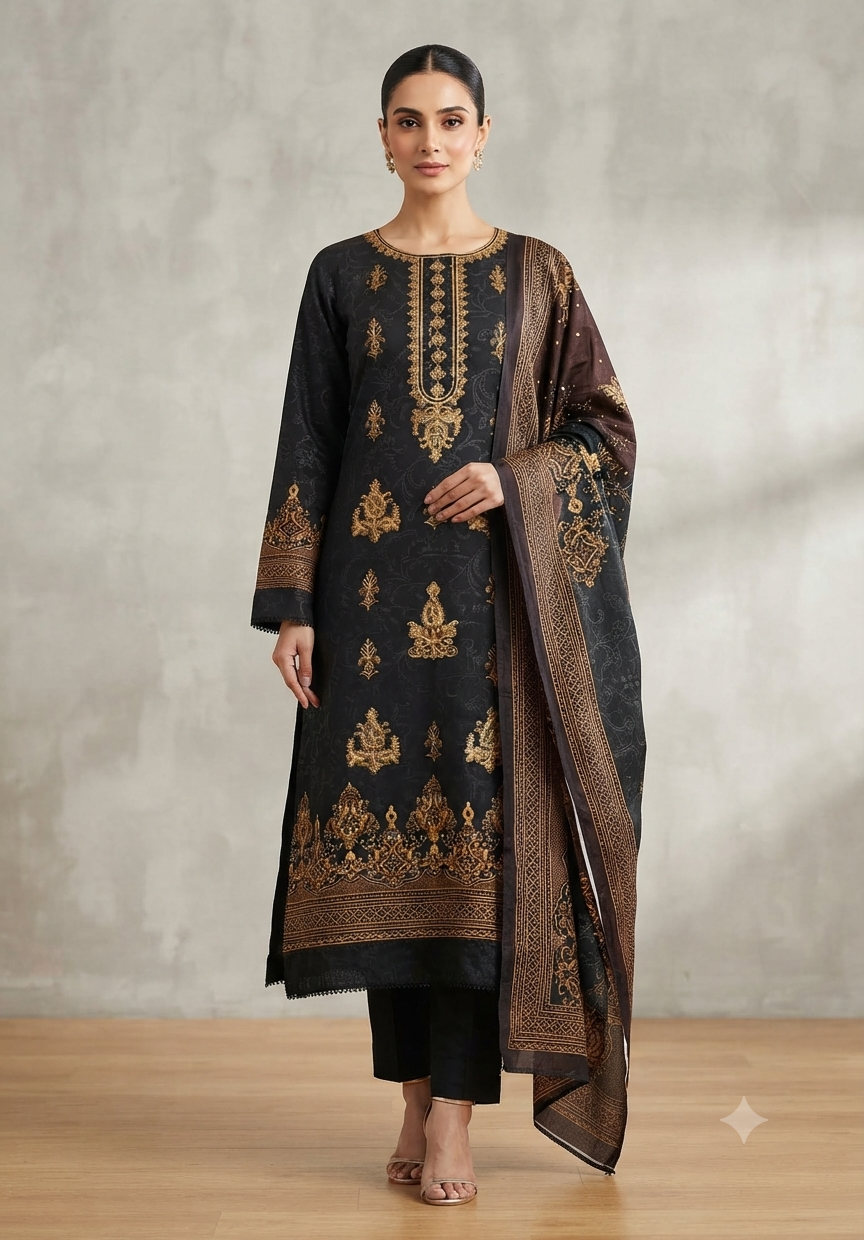 Elegant Winter Three-Piece Print, Embroidery & Sequin Work Suit