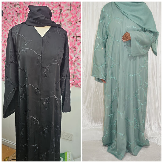 Fatiisa Abaya with buttons, full front and back embroidery, beaded work, and a scarf.