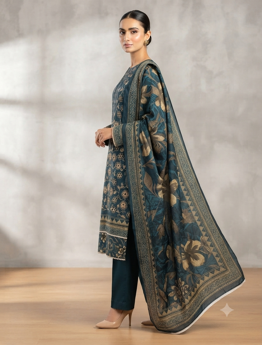 Elegant Winter Three-Piece Print, Embroidery & Sequin Work Suit